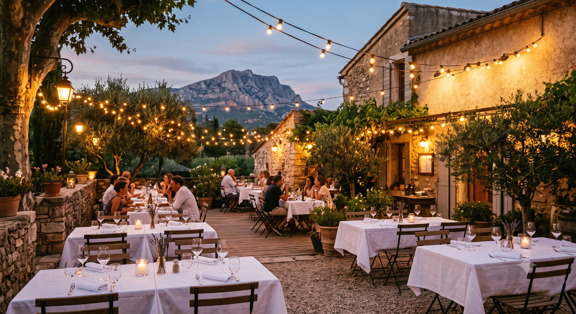 Terrasse de restaurant provençal en soirée